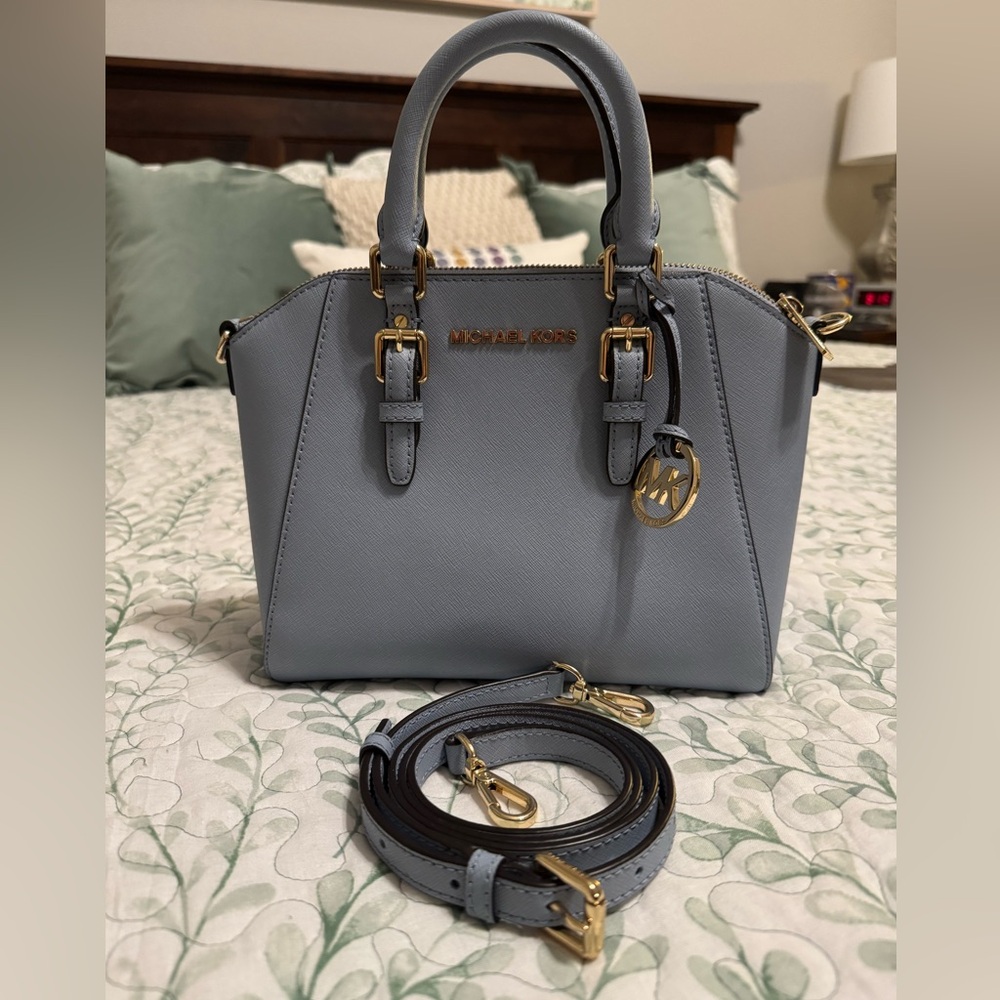 MK baby blue mini satchel with detachable crossbody strap